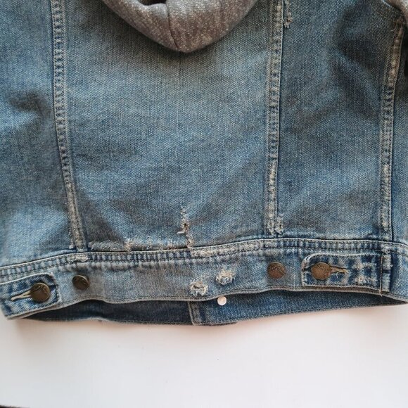 Free People Blue Denim Jean Heather Gray Knit Long Sleeve Hooded Jacket Size XS - Picture 11 of 12